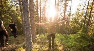 Ein Kursteilnehmer steht im Schwedischen Wald bei Sonnenuntergang und steckt der flachen Sonne die Arme entgegen.