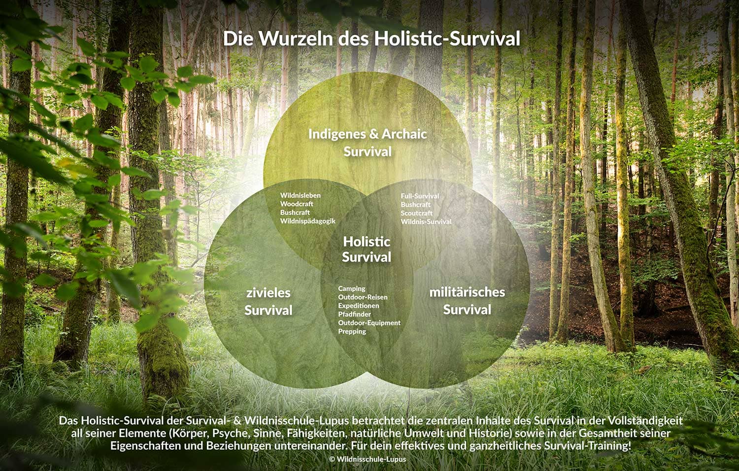 Die Grafik zeigt die historische Wurzel unseres heutigen modernen Holistic-Survival-Training. Das indigene Survival, das zivile Survival und das militärischen Survival.