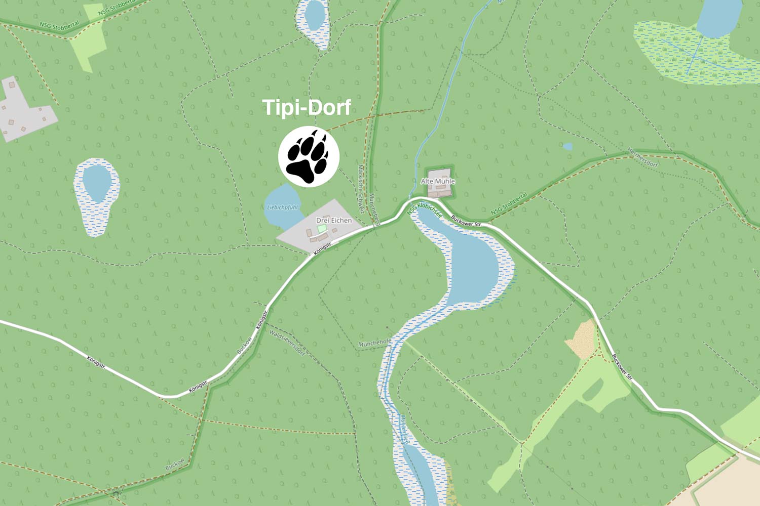 Auf dieser topografischen Landkarte ist die Position unserer Jagdschule und der Jagdausbildung zu sehen. Es liegt in der Nähe des Naturpark Märkische Schweiz bei Bukow.
