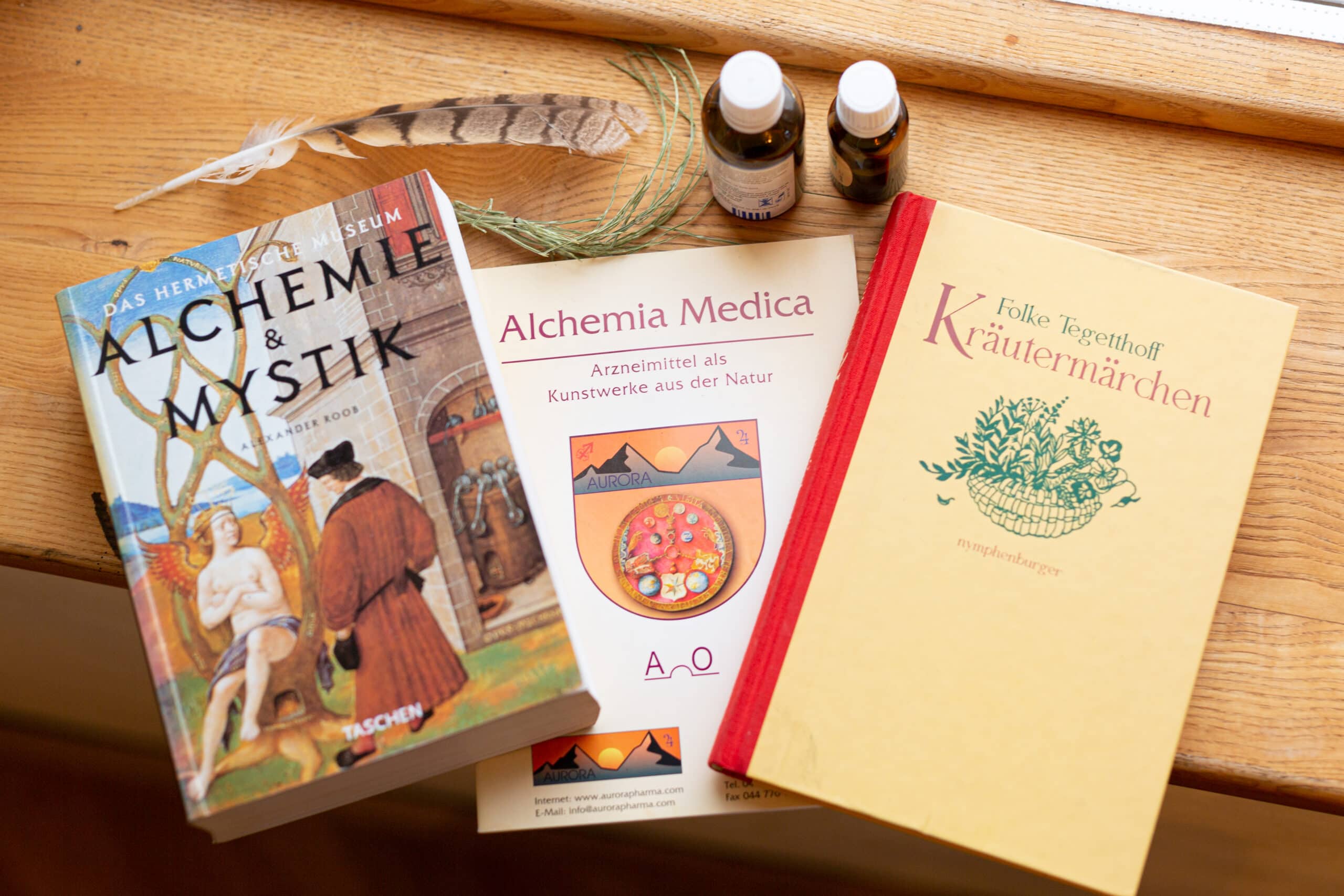 Lernbücher und Sachbücher über das Thema Alchemie und Kräuterkunde liegen auf einer Fensterbank.