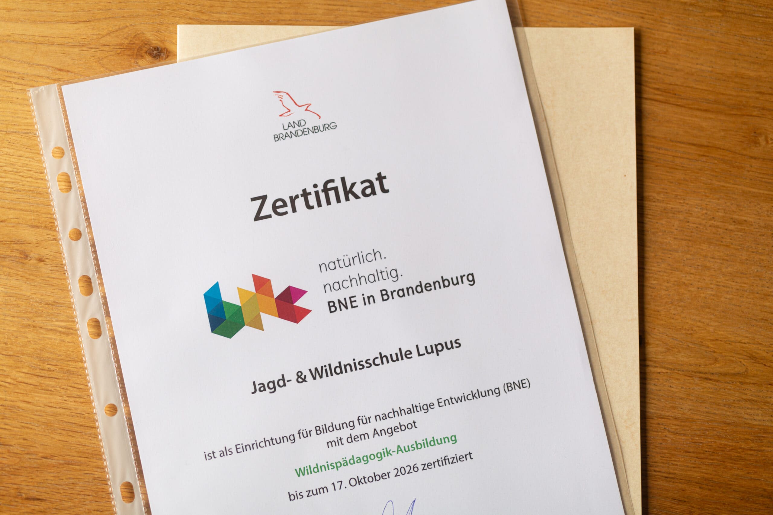 Das Zertifikat der BNE (Bildung für nachhaltige Entwicklung) Auszeichnung der Jagdschule Lupus