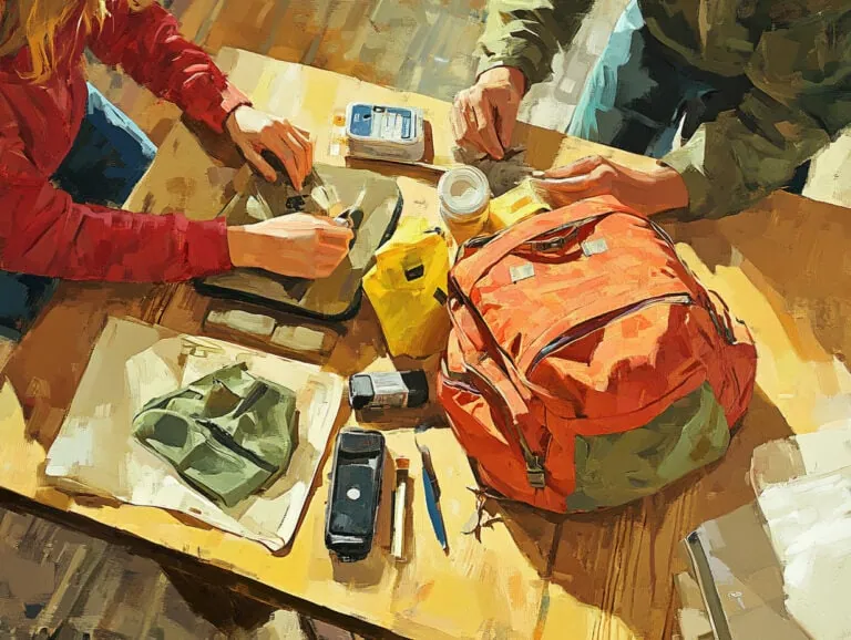 Gemälde einer Draufsicht auf zwei Personen, die auf einem Tisch verschiedene Outdoor-Ausrüstung ausbreiten. Links liegt ein olivgrüner Rucksack, rechts ein leuchtend orangefarbener Seesack. Drumherum sind Behälter, Dosen, ein Smartphone und kleinere Utensilien verteilt. Die beiden greifen oder sortieren Gegenstände, wobei sie offenbar Vorräte oder Notfallausrüstung zusammenstellen oder überprüfen.