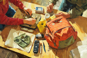Gemälde einer Draufsicht auf zwei Personen, die auf einem Tisch verschiedene Outdoor-Ausrüstung ausbreiten. Links liegt ein olivgrüner Rucksack, rechts ein leuchtend orangefarbener Seesack. Drumherum sind Behälter, Dosen, ein Smartphone und kleinere Utensilien verteilt. Die beiden greifen oder sortieren Gegenstände, wobei sie offenbar Vorräte oder Notfallausrüstung zusammenstellen oder überprüfen.