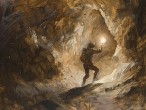 Eine Person mit einer Lichtquelle erkundet vorsichtig eine dunkle Höhle, symbolisierend die Bewältigung innerer Herausforderungen und die Suche nach Orientierung oder einem Weg in einer unbekannten Situation.