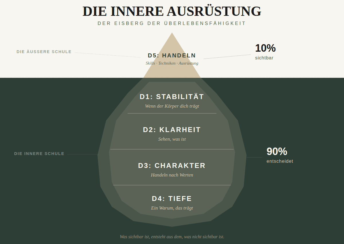 Das 5D-Modell Die Innere Ausrüstung als Eisberg: 10% sichtbar (Handeln) und 90% unsichtbar (Stabilität, Klarheit, Charakter, Tiefe)